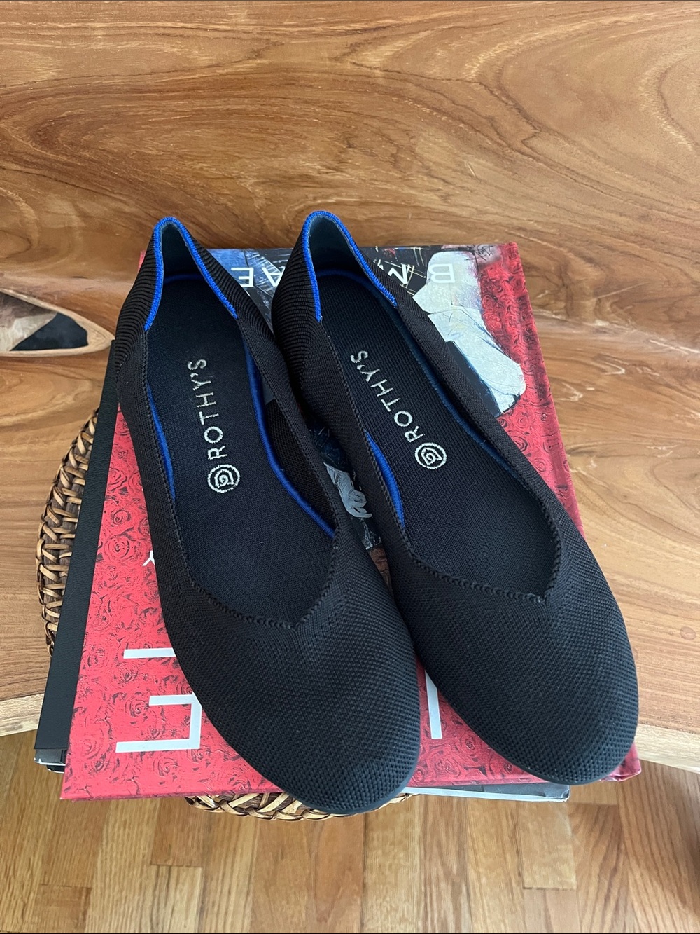 Rothy's Black Knit Pointed Flats with Blue Trim